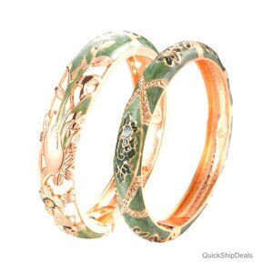 Vintage Cloisonne Enamel Rhinestone Hinged Cuff Bangle Bracelets Set